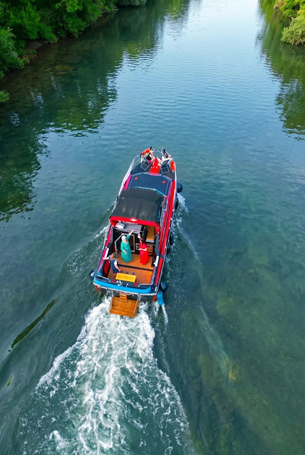 Vue aérienne du Viking en croisière sur une eau claire de la Marne